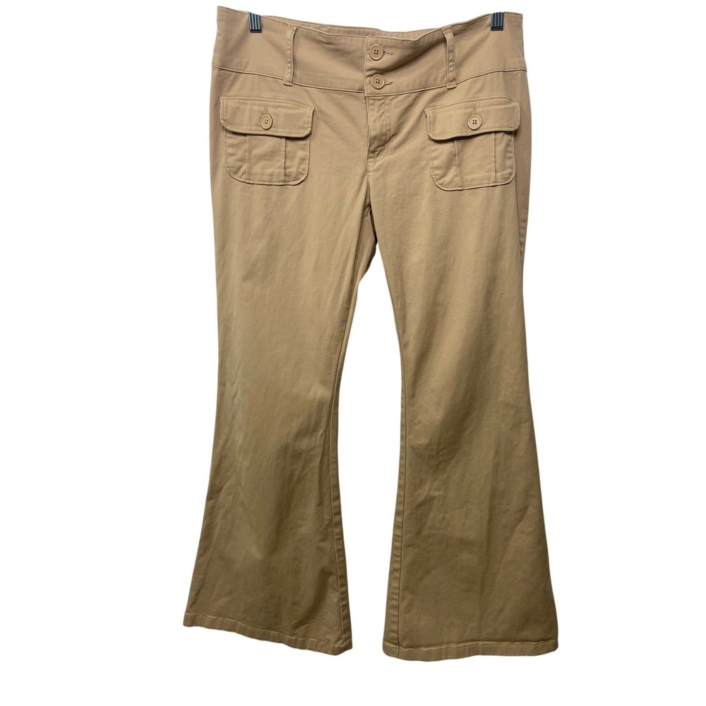 Wild Fable Khaki Flare Pants Women 10 Tan Y2K Low Rise Cargo Flap Pocket Stretch